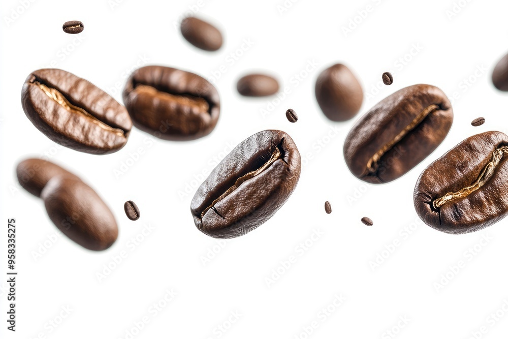 Coffee beans falling in the air isolated on a white background. Coffee beans flying , ai Coffee beans falling in the air isolated on a white background. Coffee beans flying , ai
