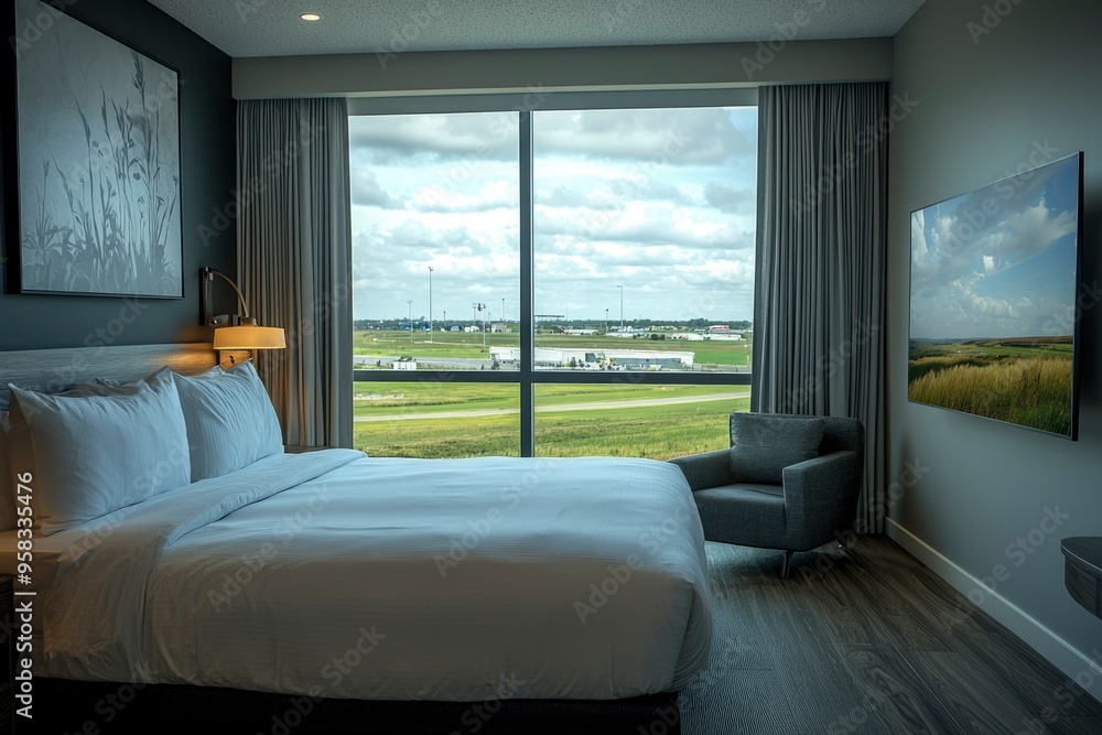 Hotel Room with a View of an Airport and Grassy Field Hotel Room with a View of an Airport and Grassy Field