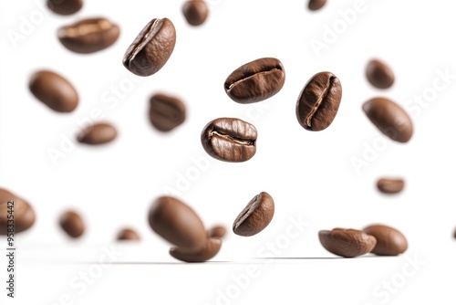 Coffee beans falling in the air isolated on a white background. Coffee beans flying , ai