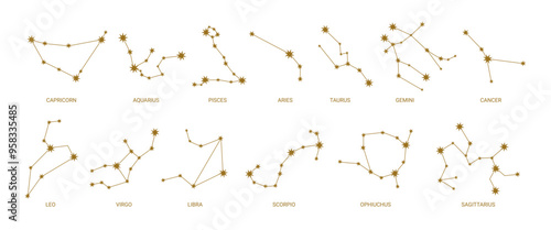 Zodiac constellations. Astrology symbols. Hand drawn twelve horoscope signs. Star constellation and star maps, night sky. Mythical celestial navigation design. Vector set.