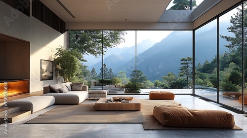 Contemporary loft living room with floor-to-ceiling windows showcasing a stunning mountain view, featuring minimalist decor, warm lighting,