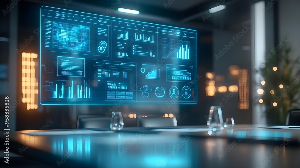 Futuristic Business Meeting With Data Analytics Futuristic Business Meeting With Data Analytics