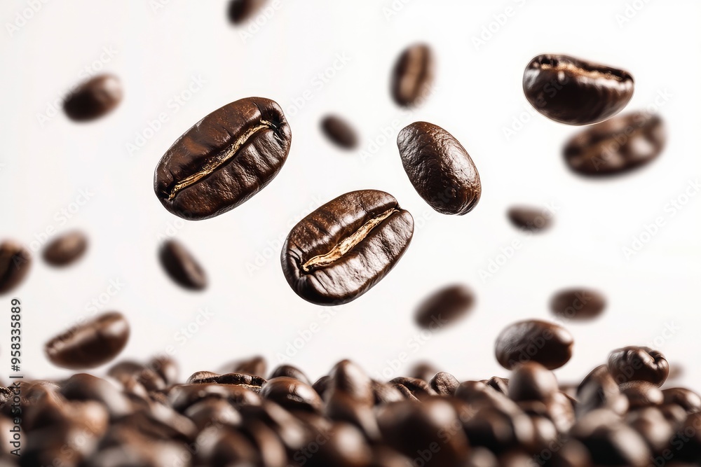 Coffee beans falling in the air isolated on a white background. Coffee beans flying , ai Coffee beans falling in the air isolated on a white background. Coffee beans flying , ai