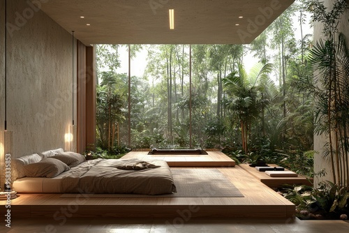 Modern Minimalist Bedroom with Jungle View and Wooden Platform Bed