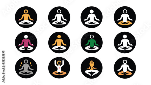 A set of 12 yoga pictograms, each depicting a person in a different yoga pose, with black circle backgrounds.