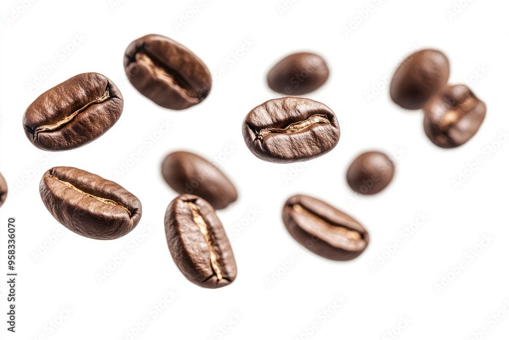 Coffee beans falling in the air isolated on a white background. Coffee beans flying , ai Coffee beans falling in the air isolated on a white background. Coffee beans flying , ai