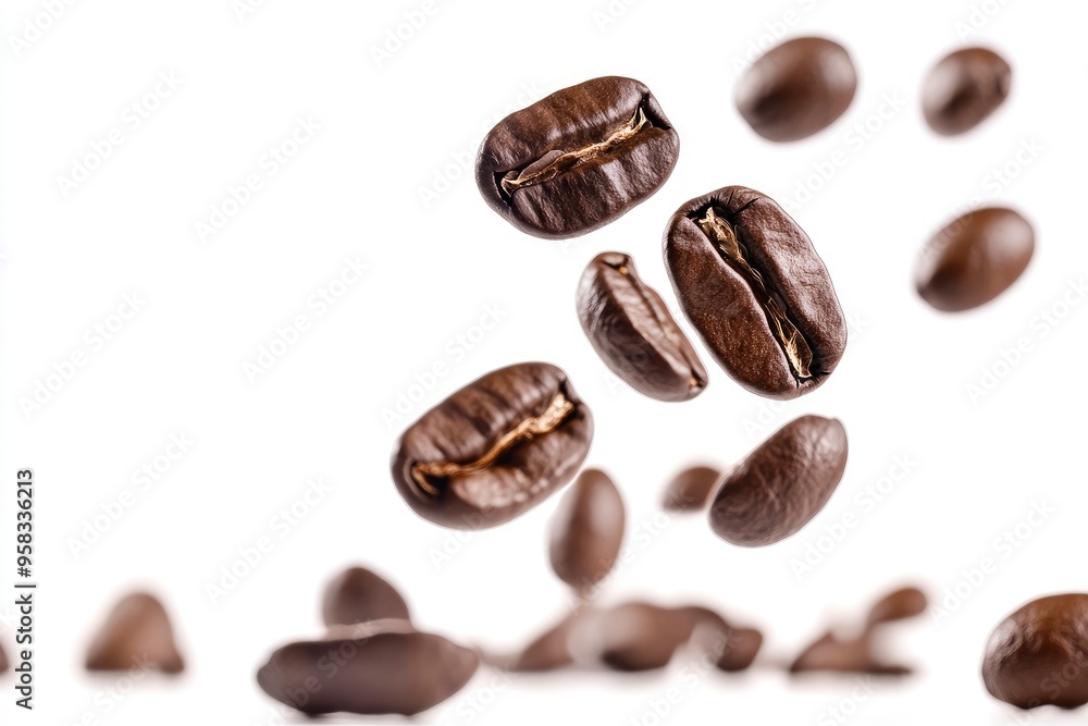 Coffee beans falling in the air isolated on a white background. Coffee beans flying , ai Coffee beans falling in the air isolated on a white background. Coffee beans flying , ai