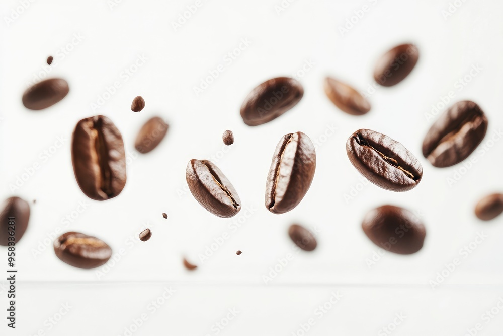Coffee beans falling in the air isolated on a white background. Coffee beans flying , ai Coffee beans falling in the air isolated on a white background. Coffee beans flying , ai