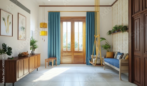 A modern living room with white tiles, blue curtains, and wooden furniture. The scene includes plants on the floor, a swing in front of large windows overlooking nature. Created with Ai