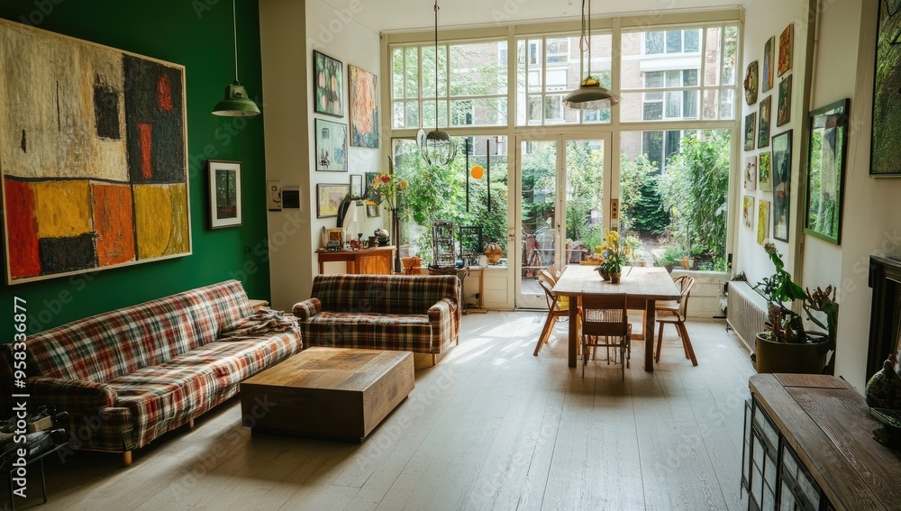 Fototapeta premium Photo of an open-plan living room in Amsterdam, with large windows and a wooden floor. A dining table, a sofa covered by a plaid blanket. Created with Ai
