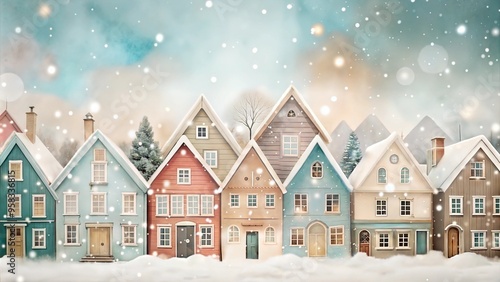 Charming winter houses with snow and falling snowflakes on dreamy background