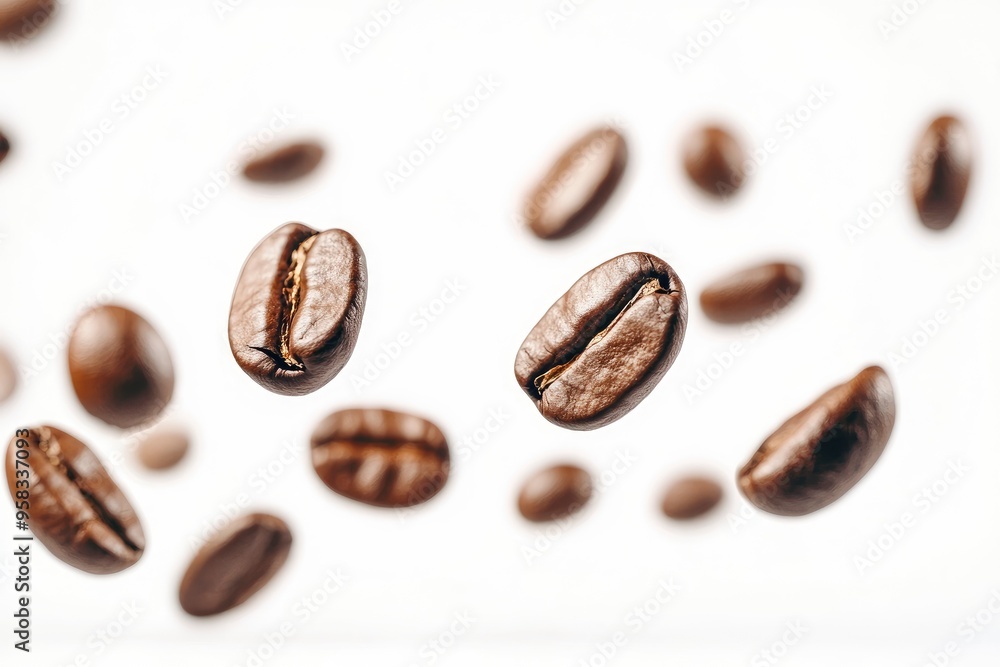 Coffee beans falling in the air isolated on a white background. Coffee beans flying , ai Coffee beans falling in the air isolated on a white background. Coffee beans flying , ai