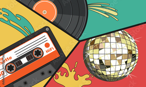 80s style collage with audio cassette, vinyl record and disco ball. Poster, flyer. Vector illustration