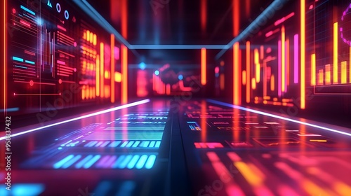 Futuristic Neon Corridor with Data Visualizations