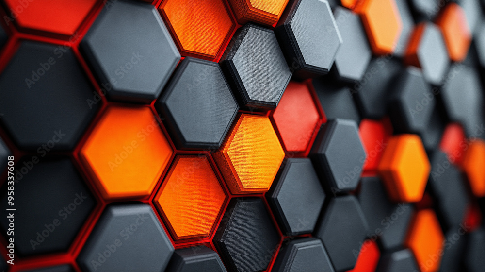Textured hexagonal pattern in vibrant orange, black, and gray placement showcasing modern design elements in a contemporary setting Textured hexagonal pattern in vibrant orange, black, and gray placement showcasing modern design elements in a contemporary setting