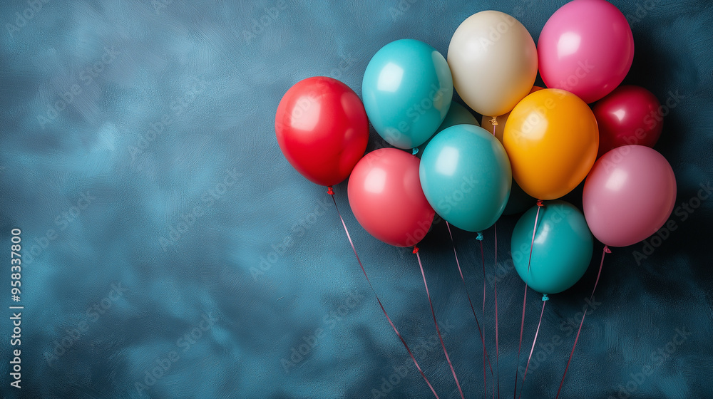 Colorful balloons in various shades floating against a textured blue background for a festive celebration atmosphere Colorful balloons in various shades floating against a textured blue background for a festive celebration atmosphere