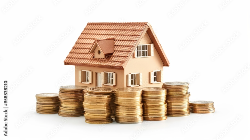 Home Savings. Growing stack of Coins and House Icon on White Background for Finance and Investment Concept Home Savings. Growing stack of Coins and House Icon on White Background for Finance and Investment Concept