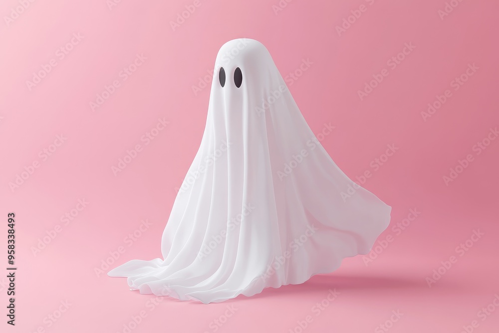 3D Render of a Floating White Fabric Ghost on Pink Background with Copy Space Ideal for Eerie Halloween Decor 3D Render of a Floating White Fabric Ghost on Pink Background with Copy Space Ideal for Eerie Halloween Decor