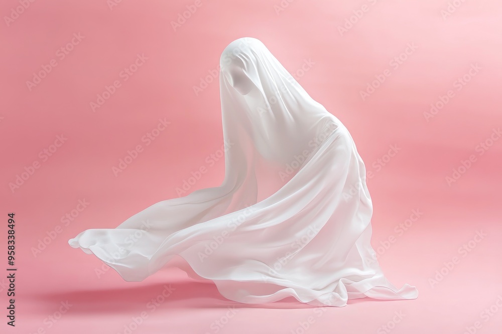 3D Render of a Floating White Fabric Ghost on Pink Background with Copy Space Ideal for Spooky Halloween Decor 3D Render of a Floating White Fabric Ghost on Pink Background with Copy Space Ideal for Spooky Halloween Decor