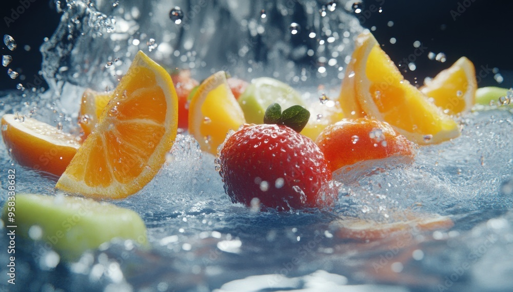 Slices of Orange, Strawberry, and Lime Splashing in Water Slices of Orange, Strawberry, and Lime Splashing in Water