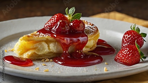 Fresh delicious dutch baby pancake with powdered sugar, fresh berries and mint for breakfast photo