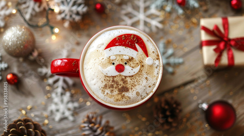 A warm cup of coffee featuring foam art shaped like Santa Claus, placed in a red cup on a rustic wooden table, surrounded by Christmas decorations, evoking holiday cheer, top view