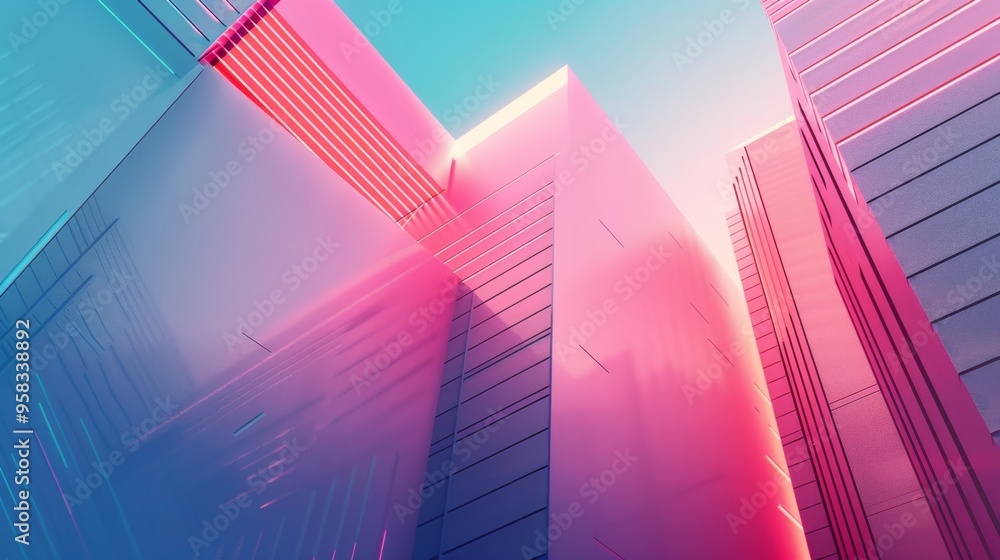 Low-angle view of modern skyscrapers with a vibrant pink and blue gradient sky, reflecting sunlight on glass facades. The image captures the dynamic atmosphere of contemporary urban architecture. Low-angle view of modern skyscrapers with a vibrant pink and blue gradient sky, reflecting sunlight on glass facades. The image captures the dynamic atmosphere of contemporary urban architecture.