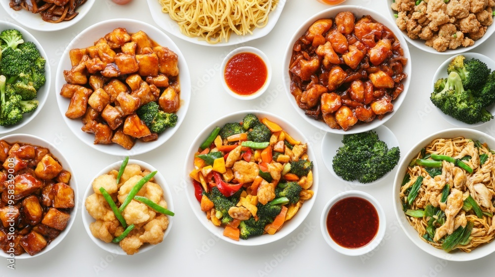 An assortment of popular Chinese stir-fry dishes, including sweet and sour chicken and vegetable lo mein, arranged attractively on a white surface to highlight the variety of flavors. An assortment of popular Chinese stir-fry dishes, including sweet and sour chicken and vegetable lo mein, arranged attractively on a white surface to highlight the variety of flavors.
