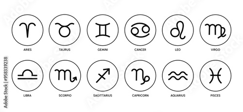 Twelve zodiac signs. Horoscope symbols. Minimalistic astrological mystical icons for spiritual blogs, calendar and zodiac design products. Vector collection.