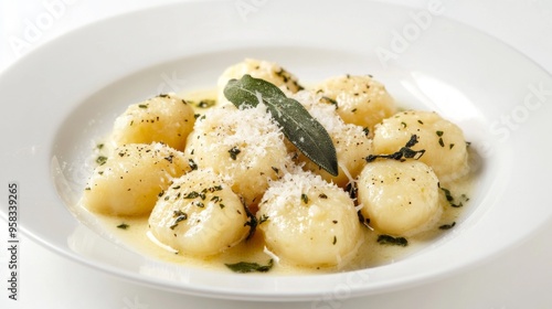 An elegant plate of homemade gnocchi with a light sage butter sauce and grated Parmesan, set against a white background to emphasize the dish delicate and refined presentation.