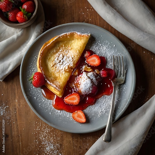 Fresh delicious dutch baby pancake with powdered sugar, fresh berries and mint for breakfast photo