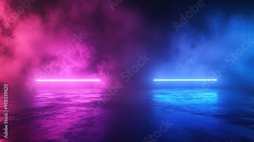 Abstract Background with Neon Blue and Purple Smoke. Glowing Light on Floor in Studio Room with Empty Space for Product Presentation