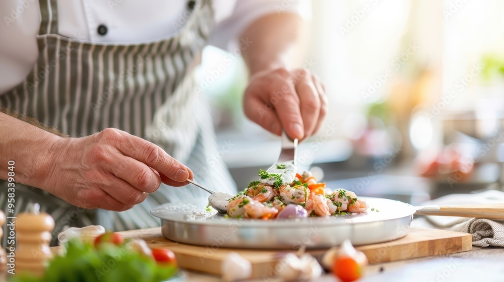 A chef preparing homemade seafood sauce in a rustic kitchen. A chef preparing homemade seafood sauce in a rustic kitchen.