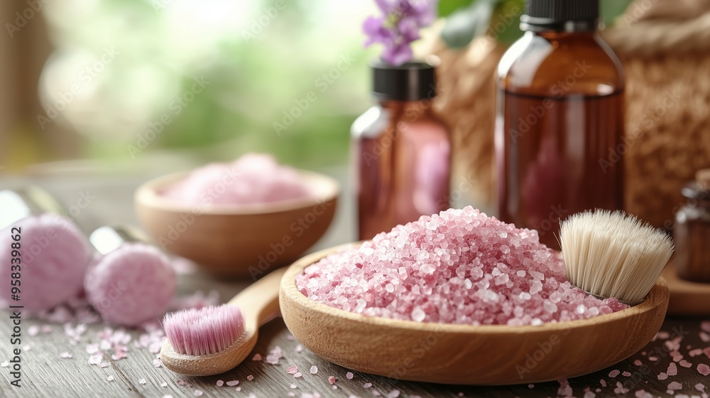 Relaxing spa setup with pink bath salts, essential oils, and natural tools in a tranquil environment Relaxing spa setup with pink bath salts, essential oils, and natural tools in a tranquil environment
