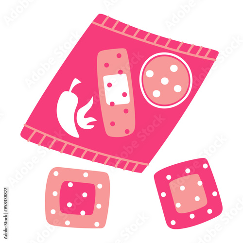 set of colored flat patch with pepper for warming up in case of a cold. Pink packaging with a breathable surface. An insulating strip from the flu. packaging is made of warm fabric squares. Hot pepper