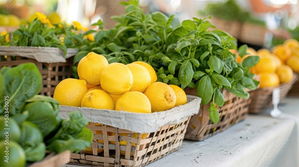 Farmers' market stall full of vibrant lemon balm products. Farmers' market stall full of vibrant lemon balm products.