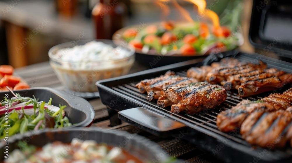 Outdoor barbecue with a variety of grilled pork leg dishes, fresh salads, and zesty sauces. Outdoor barbecue with a variety of grilled pork leg dishes, fresh salads, and zesty sauces.