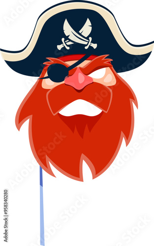 Pirate carnival mask for photo booth, corsair sailor with eyepatch in tricorne hat, vector props. Pirate masquerade or photobooth mask of angry captain sailor with crossed swords and red beard