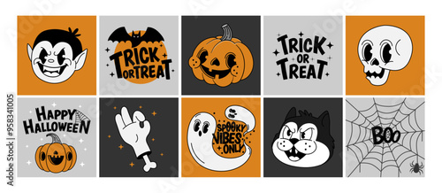 Halloween stickers. Retro Happy Halloween cards with funny creepy characters. Autumn festive elements with quotes, phrases. Groovy patches and labels. Vector illustration