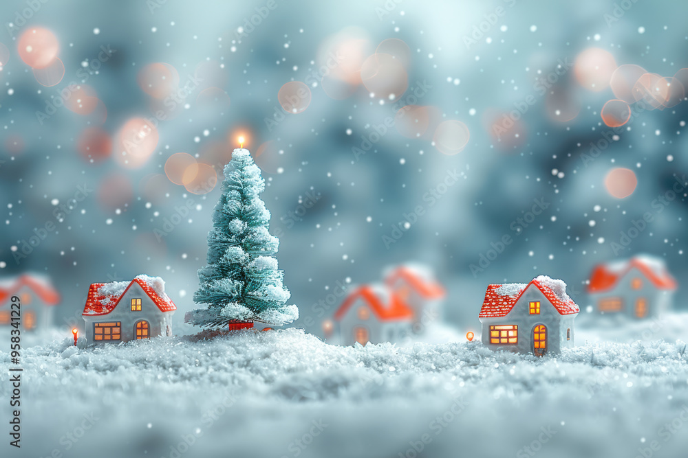 Snow-Covered Porcelain Houses with Bokeh Lights Snow-Covered Porcelain Houses with Bokeh Lights