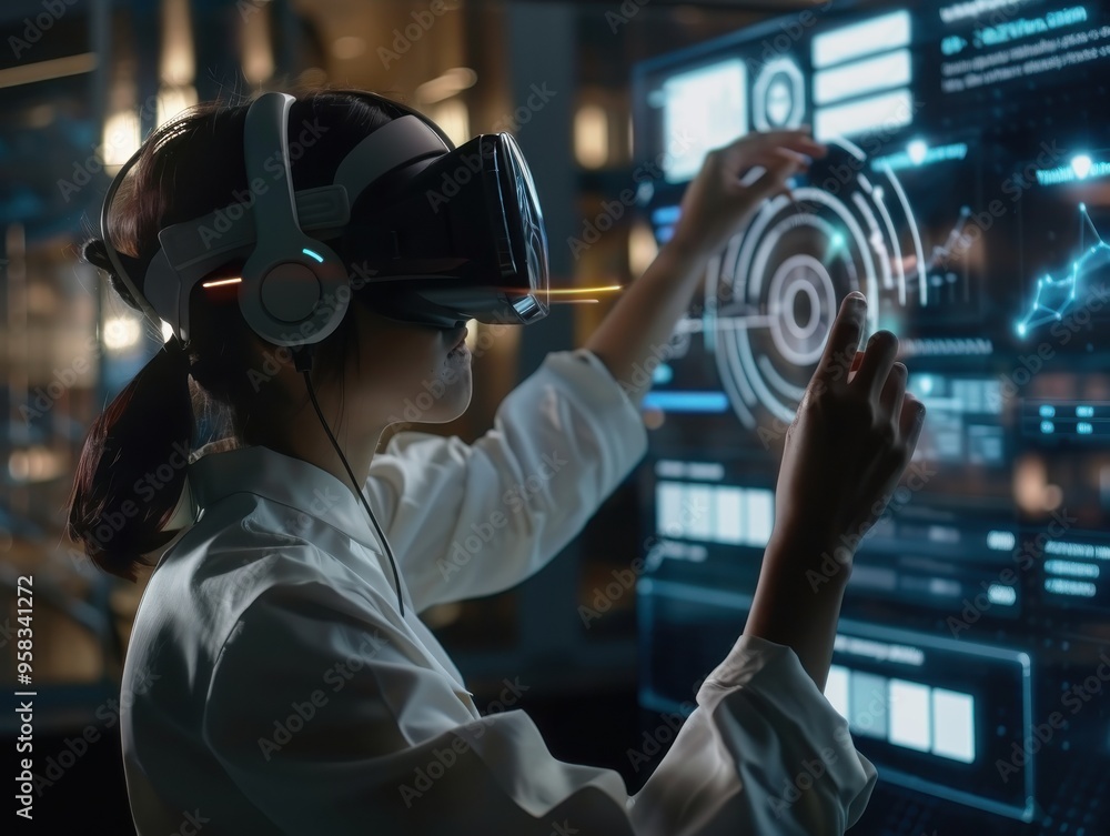 A woman engages with virtual reality technology, manipulating digital interfaces for an immersive experience. A woman engages with virtual reality technology, manipulating digital interfaces for an immersive experience.