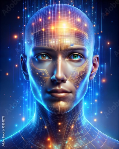digital background of female head with digital brain and lights