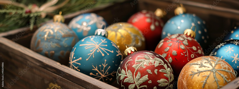 A collection of colorful handmade Christmas balls neatly arranged in a wooden box, showcasing a variety of glittering designs perfect for holiday decorating. Winter christmas background A collection of colorful handmade Christmas balls neatly arranged in a wooden box, showcasing a variety of glittering designs perfect for holiday decorating. Winter christmas background