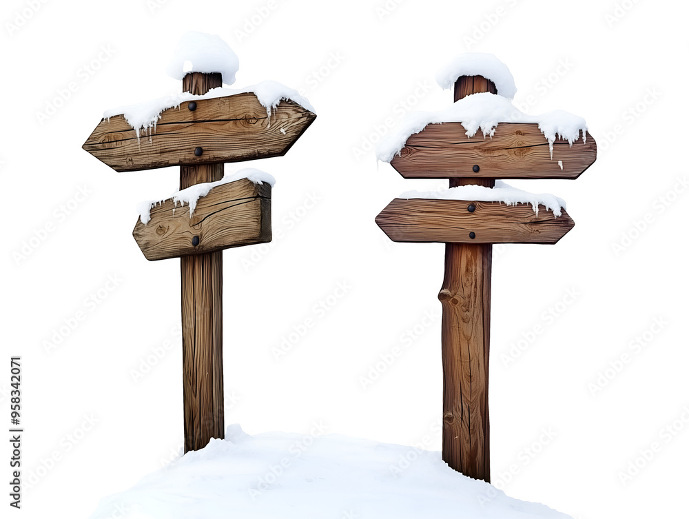 Naklejka premium Wooden signpost in snow isolated on transparent or white background