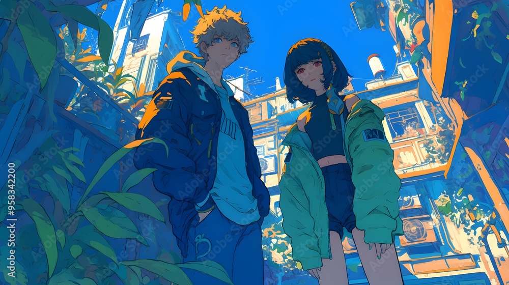 Fototapeta premium Anime Couple Posing in Urban Setting