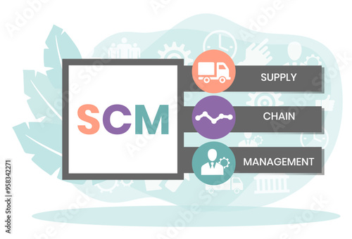 SCM - Supply Chain Management acronym. business concept background. Vector illustration for website banner, marketing materials, business presentation, online advertising
