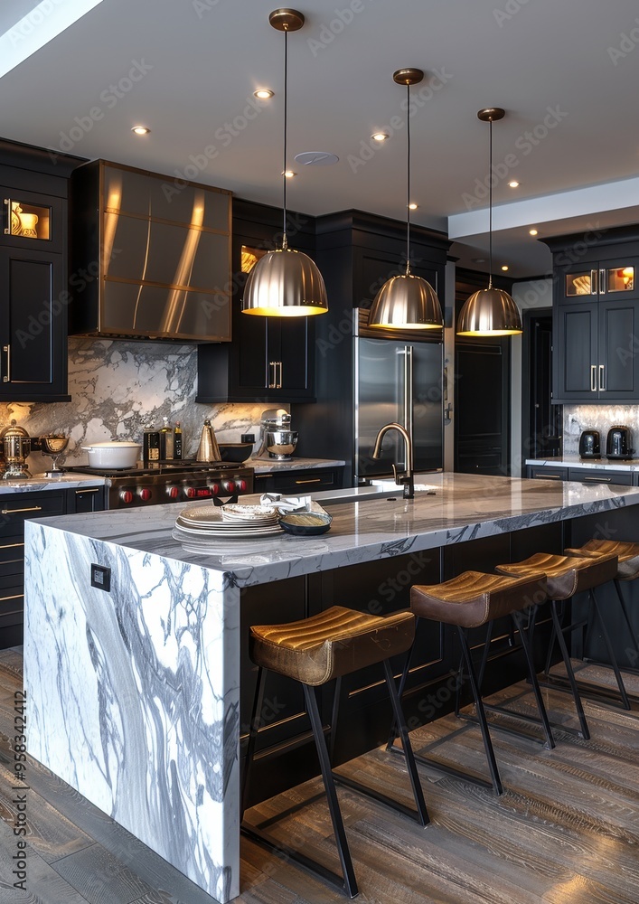 Modern Kitchen A sleek, modern kitchen with dark grey cabinets, a white marble countertop, and stainless steel appliances. Include a kitchen island with bar stools and pendant lighting. Modern Kitchen A sleek, modern kitchen with dark grey cabinets, a white marble countertop, and stainless steel appliances. Include a kitchen island with bar stools and pendant lighting.