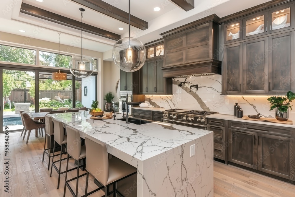 Modern Kitchen A sleek, modern kitchen with dark grey cabinets, a white marble countertop, and stainless steel appliances. Include a kitchen island with bar stools and pendant lighting. Modern Kitchen A sleek, modern kitchen with dark grey cabinets, a white marble countertop, and stainless steel appliances. Include a kitchen island with bar stools and pendant lighting.