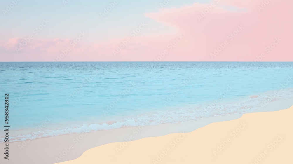 Fototapeta premium A serene beach scene with a pastel sky, calm ocean waves, and soft sandy shore, evoking tranquility and peace.