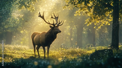 Majestic Red Deer Buck Standing in a Sun-Dappled Forest